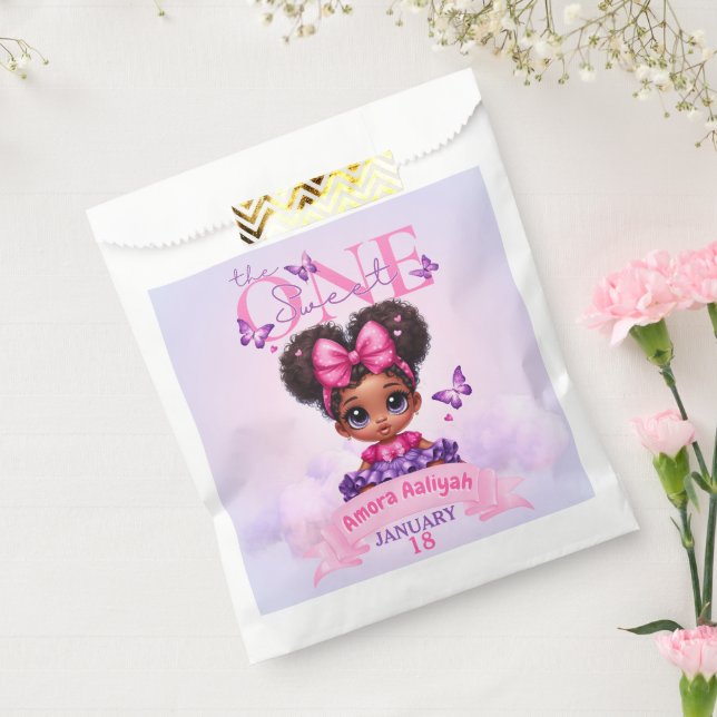 Sweet ONE Afro Puff Baby Girl Purple 1st Birthday  Favor Bag (Sealed)