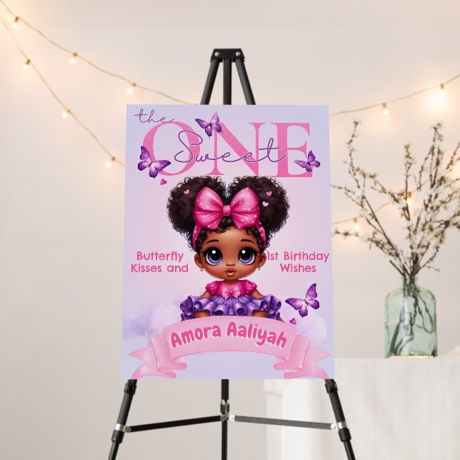 Sweet ONE Afro Puff Baby Girl Purple 1st Birthday  Foam Board (In Situ (Stand))