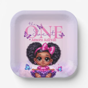Sweet ONE Afro Puff Baby Girl Purple 1st Birthday Paper Plates