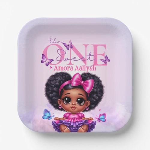 Sweet ONE Afro Puff Baby Girl Purple 1st Birthday  Paper Plates