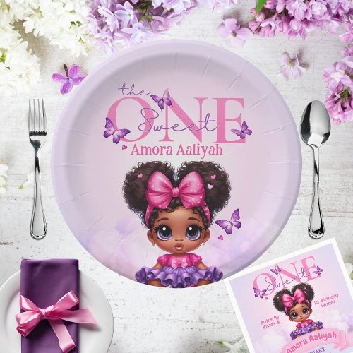 Sweet ONE Afro Puff Baby Girl Purple 1st Birthday  Paper Plates