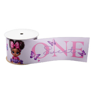 Sweet ONE Afro Puff Baby Girl Purple 1st Birthday Satin Ribbon