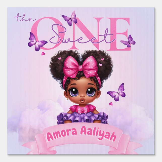 Sweet ONE Afro Puff Baby Girl Purple 1st Birthday  Sign (Front)