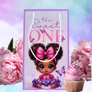 Sweet ONE Afro Puff Baby Girl Purple 1st Birthday Small Gift Bag