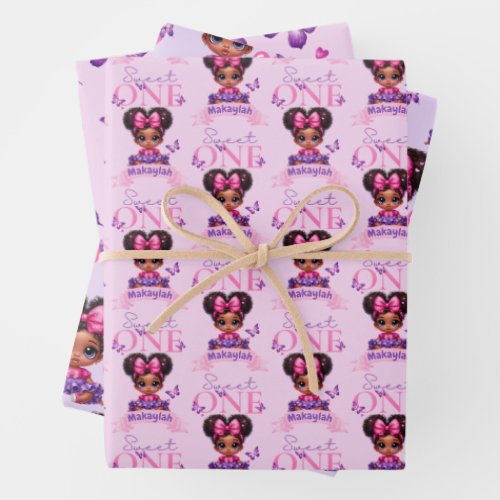 Sweet ONE Afro Puff Baby Girl Purple 1st Birthday  Wrapping Paper Sheets