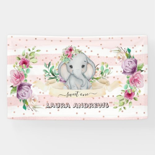 Sweet One Baby Elephant and Flowers 1st Birthday Banner