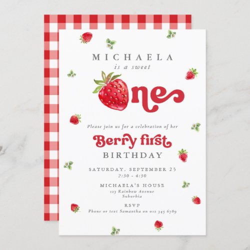 Sweet One Berry First Birthday Strawberry Gingham Invitation