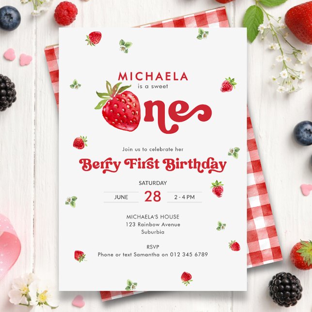 Sweet One Berry First Birthday Strawberry Gingham Invitation (Creator Uploaded)