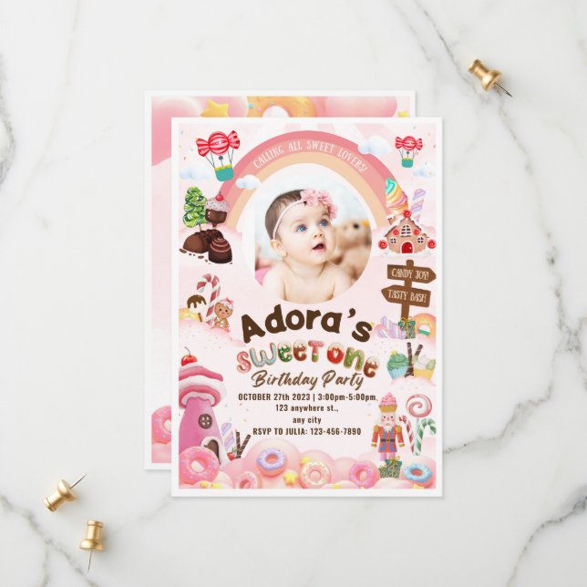 Sweet One Birthday Donuts Birthday Invitation (Front/Back In Situ)