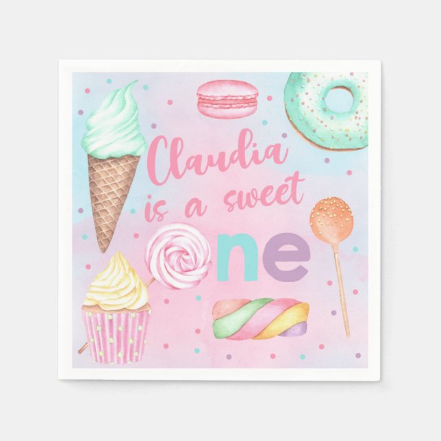 Sweet One birthday paper napkins party supply. (Front)