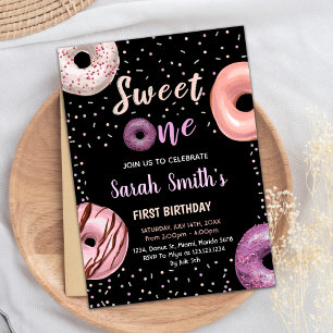 Sweet One Black Donut Birthday Invitations