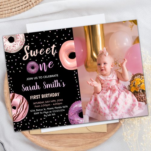 Sweet One Black Photo Donut Birthday Invitations