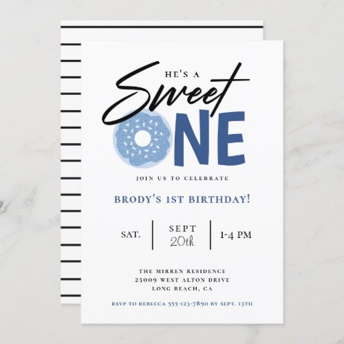 Sweet One Blue Donut 1st Birthday Party Invitation