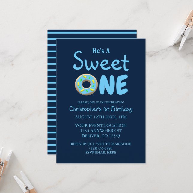 Sweet One Blue Donut Boy 1st Birthday Invitation (Front/Back In Situ)