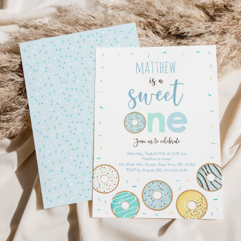 Sweet One Blue Donut First Birthday Invitation by LittlePrintsParties at Zazzle