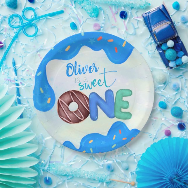 Sweet One blue Frosting boy's First Birthday Paper Plates (Party)
