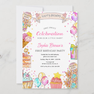 Sweet One Cake, Balloon Theme Girl 1st Birthday Invitation