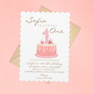 Sweet One Cake Candle Pink Girl Birthday Party 1st Invitation