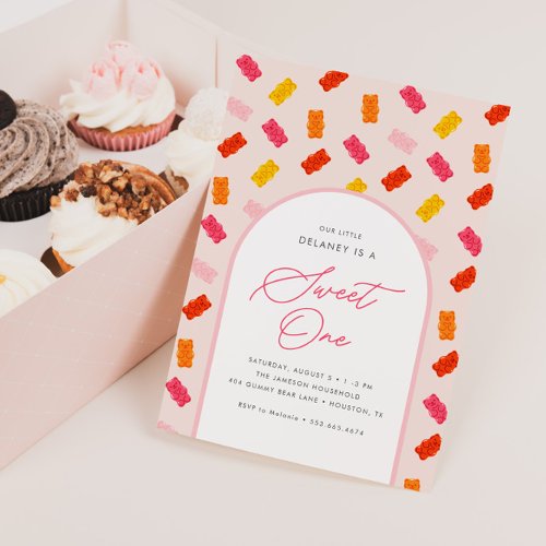 Sweet One Candy Gummy Bear Girls 1st Birthday Invitation