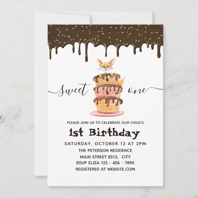 Sweet One Cat and Dripping Chocolate 1s Birthday Invitation (Front)
