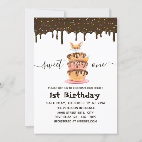 Sweet One Cat and Dripping Chocolate 1s Birthday Invitation