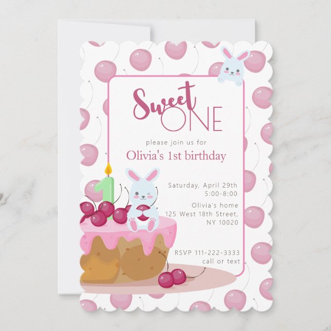 Sweet One Cherry Cake Bunny Invitation (Front)