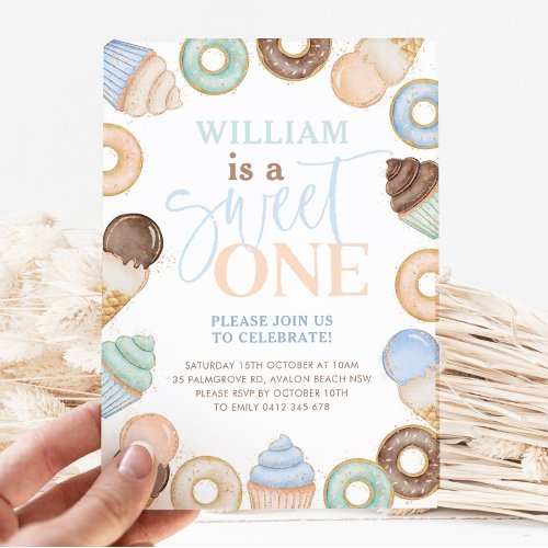 Sweet One Chocolate Donut Boys 1st Birthday Invitation