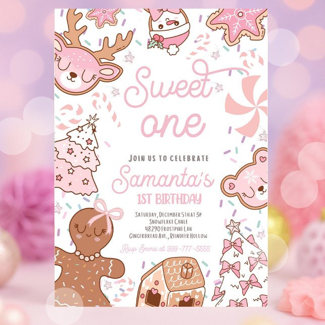 Sweet One Christmas Cookie 1st Birthday Party Invitation (Sweet One Christmas first birthday invitation with holiday cookies, gingerbread, and festive red and)