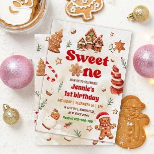 Sweet One Christmas Gingerbread House Birthday Invitation
