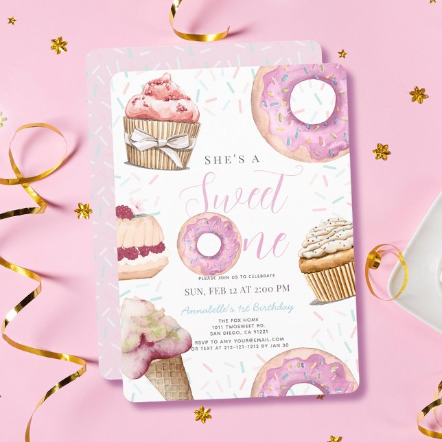 Sweet One Cupcake & Donuts Girl 1st Birthday Invitation (Creator Uploaded)
