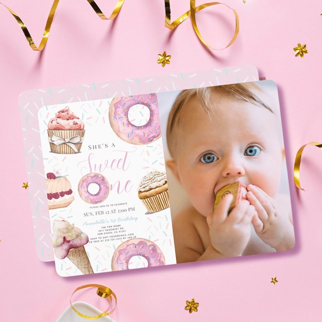 Sweet One Cupcake & Donuts Girl Photo 1st Birthday Invitation (Creator Uploaded)
