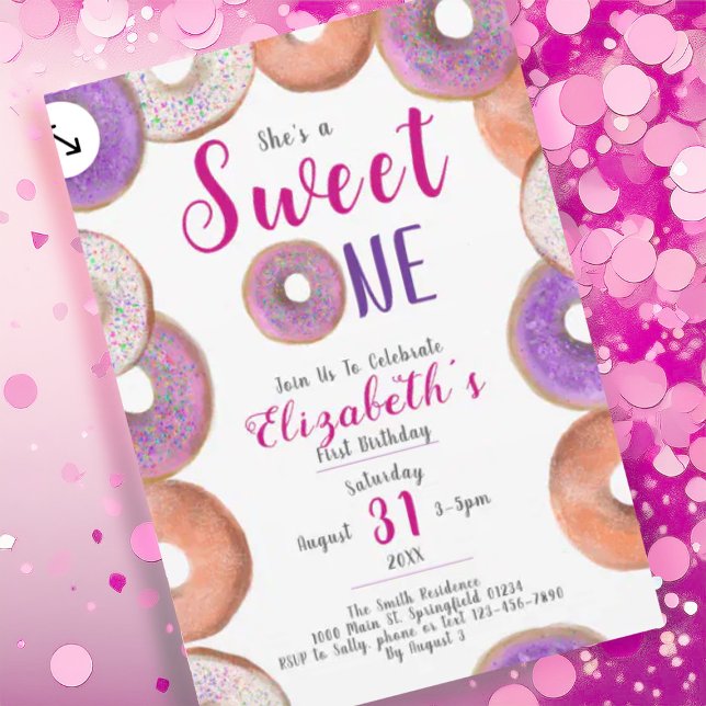 Sweet One Cute Donut Pink Girl 1st Birthday Party Invitation (Creator Uploaded)