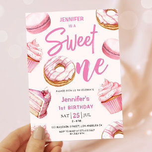 Sweet One Cute Donuts Pink Girl 1st Birthday Party Invitation