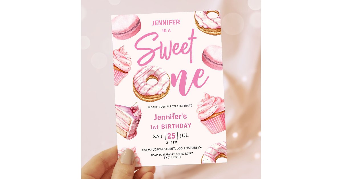 Sweet One Cute Donuts Pink Girl 1st Birthday Party Invitation | Zazzle