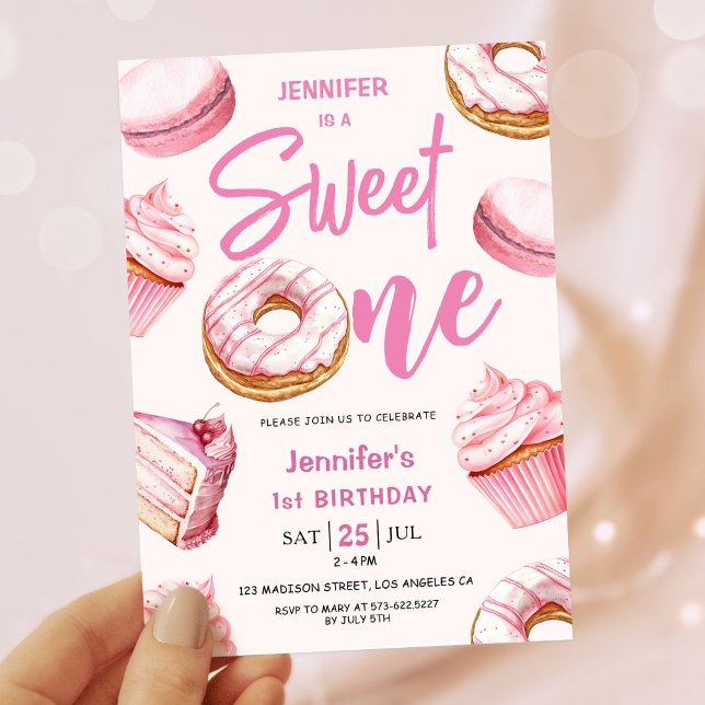 Sweet One Cute Donuts Pink Girl 1st Birthday Party Invitation (Creator Uploaded)