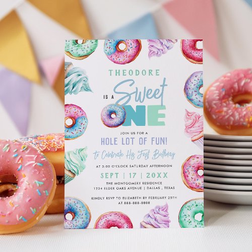 Sweet One Cute Doughnuts Boy 1st Birthday Party Invitation