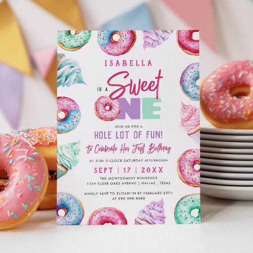 Sweet One Cute Doughnuts Girl 1st Birthday Party Invitation