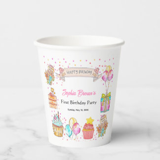 Sweet One Cute Girl 1st Birthday Party Paper Cups