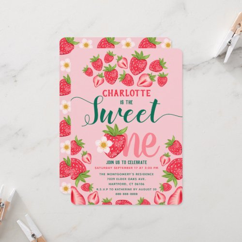 Sweet One Cute Pink Strawberry 1st Birthday Party Invitation