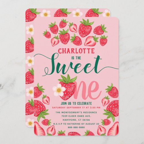 Sweet One Cute Pink Strawberry 1st Birthday Party Invitation