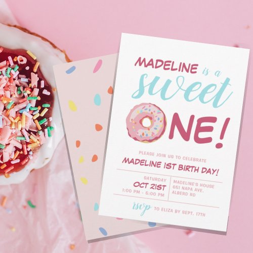 Sweet One Cute Watercolor Donut 1st Birthday Invitation