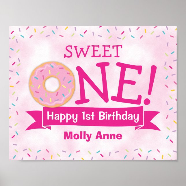 Sweet ONE Donut 1st Birthday Girl Party Welcome Poster (Front)