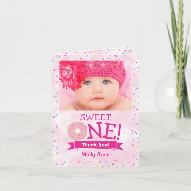 Sweet ONE Donut 1st Birthday Girl Thank You Card (Front)