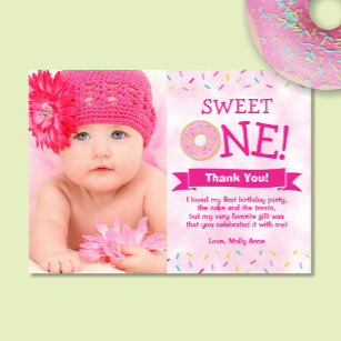 Sweet ONE Donut 1st Birthday Girl Thank You Card