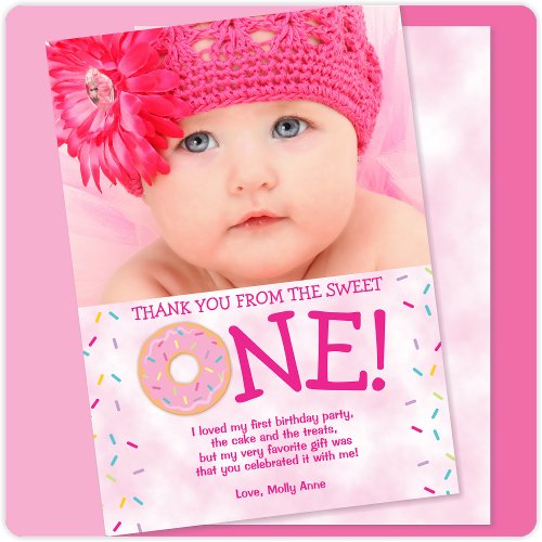 Sweet ONE Donut 1st Birthday Girl Thank You Card