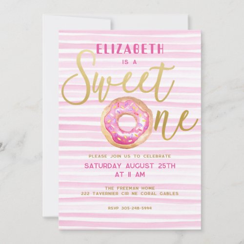 Sweet One Donut 1st Birthday Party Pink and Gold Invitation