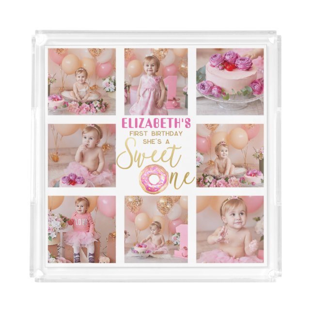 Sweet One Donut 1st Birthday Photo Collage Acrylic Tray (Front)