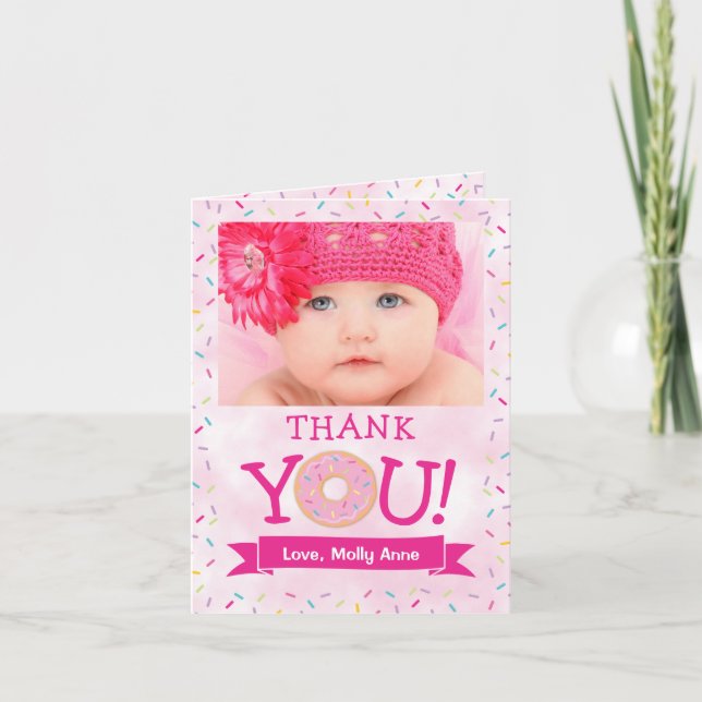 Sweet ONE Donut Birthday Girl Thank You Card (Front)