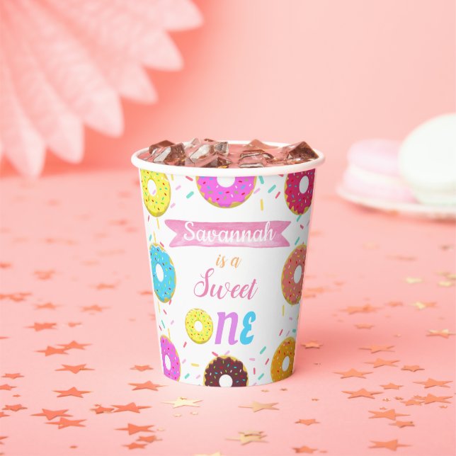 Sweet One Donut Birthday Invitation Paper Plates R Cups (Insitu)