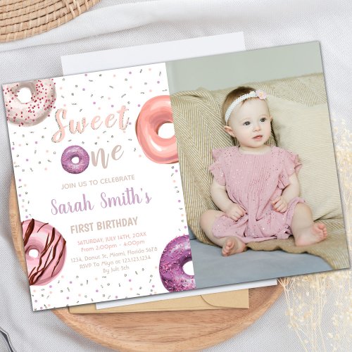 Sweet One Donut Birthday Invitations with photo